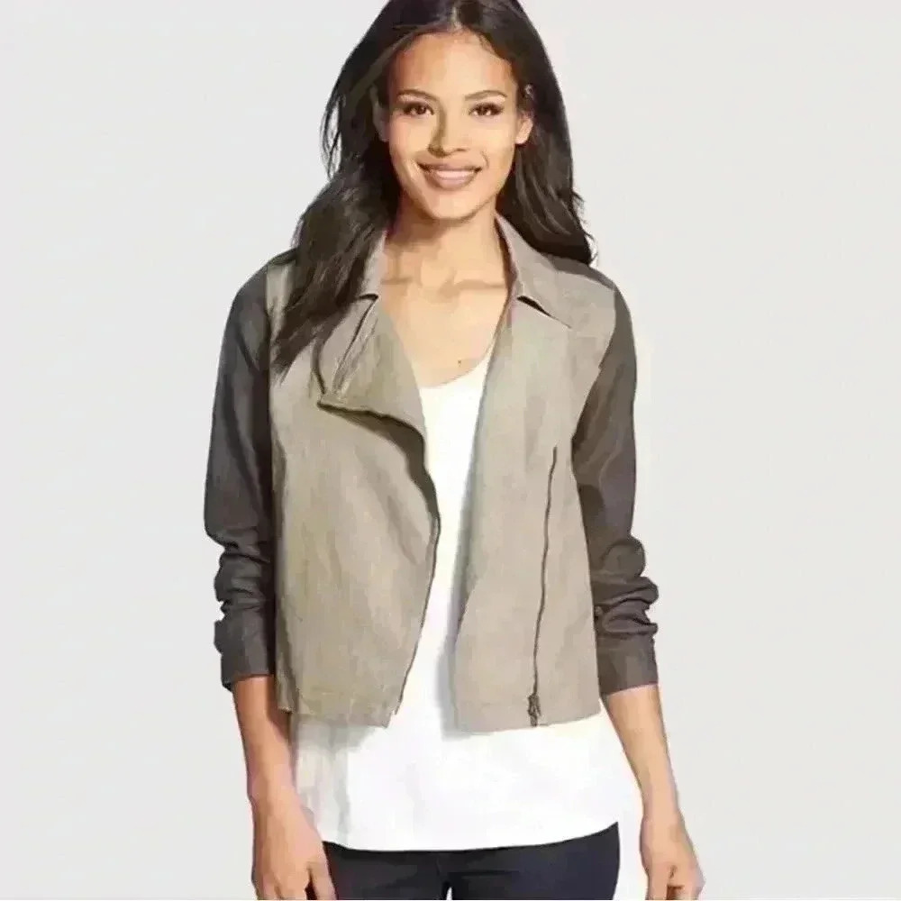 Eileen Fisher Coated Organic Linen Asymmetrical Zip Jacket Stone Contrast Small